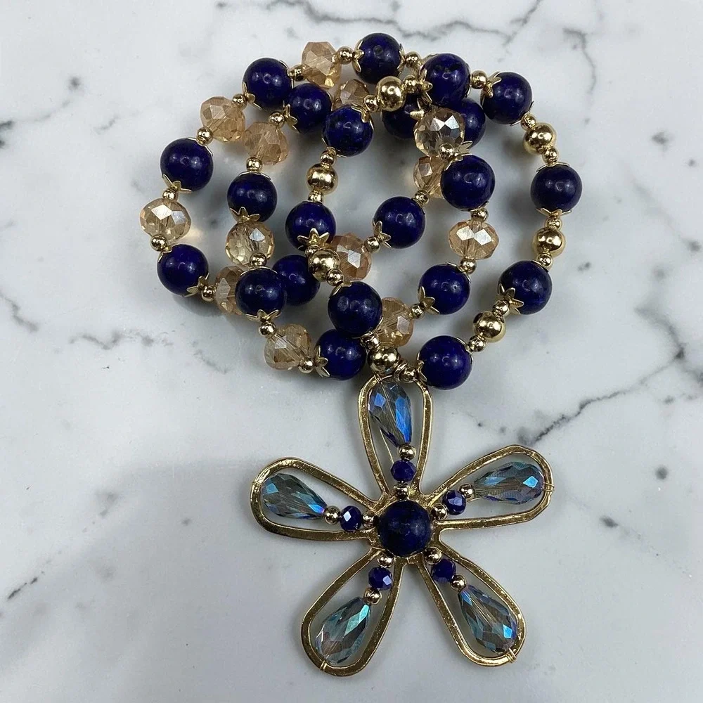 Handmade Mexican 3 Stretch Bracelets Lapis Lazuli Crystal Gold Flower Charm Blue